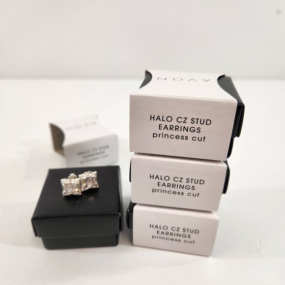 Avon Halo Cubic Zirconia Stud Earrings Princess Cut x 4 NEW - Picture 2 of 10